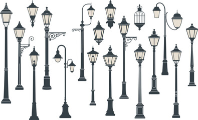 Set of vintage street lamps, antique outdoor lights, classic urban lanterns, retro lamp posts, black silhouette flat vector illustration © merajul