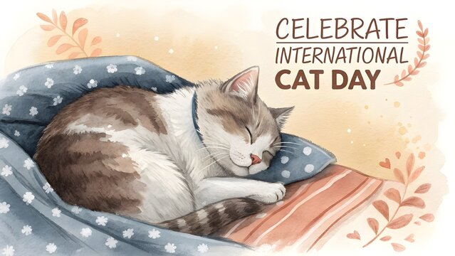 Cozy cat sleeping comfortably on a blanket celebrating international cat day - Powered by Adobe