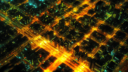 A cityscape with a crosswalk and a street light. The street lights are lit up and the city is illuminated