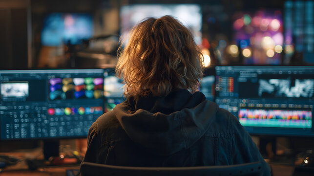 Professional video editor working on multiple monitors in a dark studio, color grading and editing film footage, representing post-production, media creation, and digital content workflow

