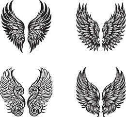 A collection of four intricately detailed black and white angel wing vector designs. Perfect for tattoos, fantasy themes, digital art, and gothic-inspired creations.