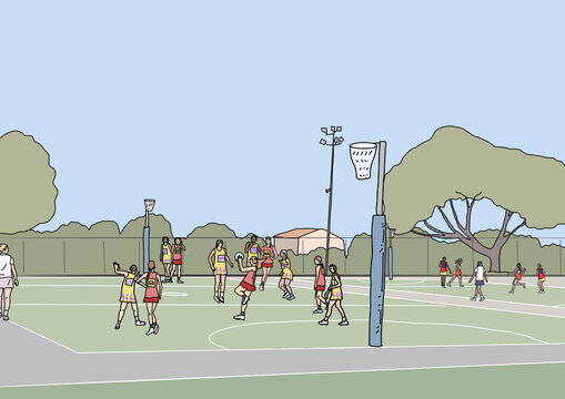 Teenage girls playing netball game on court on weekend