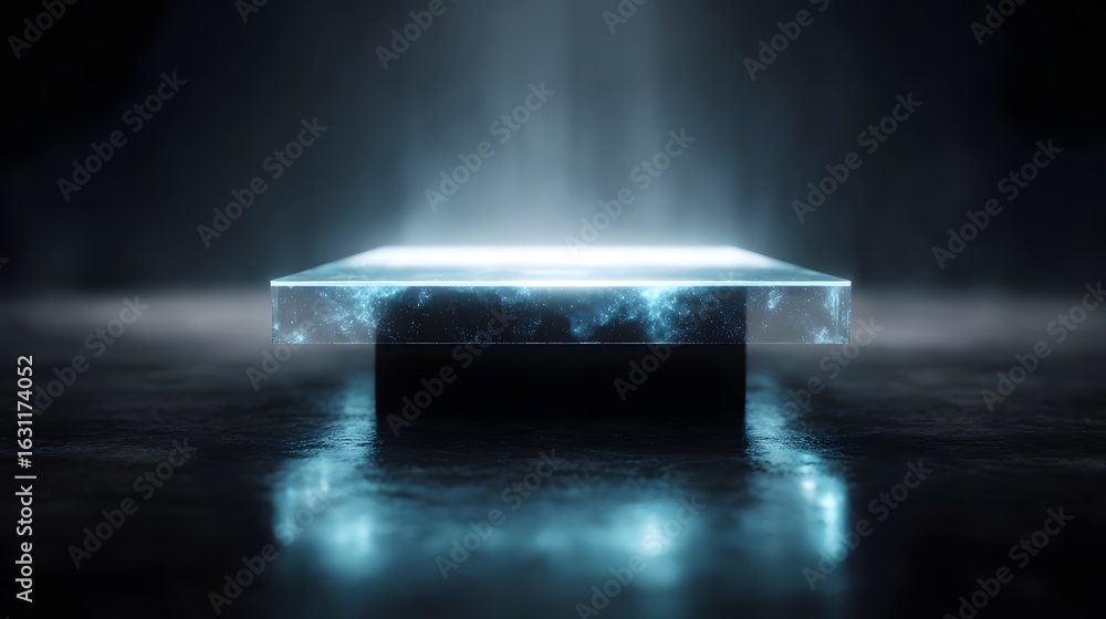 Poster floating digital table in a futuristic scene with high tech lighting
