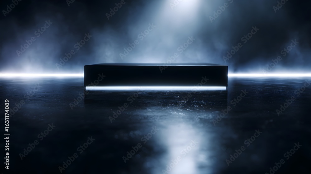 Poster floating digital table in a futuristic high tech setting