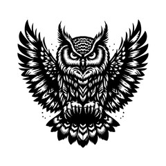 Obraz premium Detailed owl illustration with spread wings isolated on white background