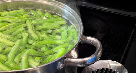 Large Pot of Fresh Cut Green Beans Being Boiled