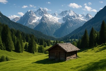 Serene Mountain Retreat: A charming wooden cabin nestles harmoniously within a verdant mountain valley, overlooked by majestic snow-capped peaks, inviting the viewer to escape and discover solace.