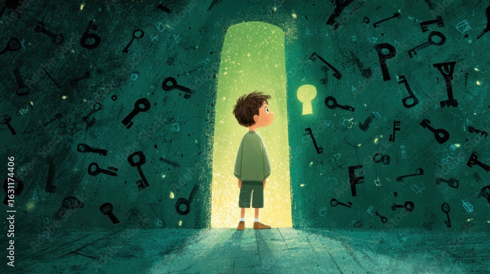 Poster a young boy gazes in wonder at a door illuminated by a radiant light, surrounded by various keys flo