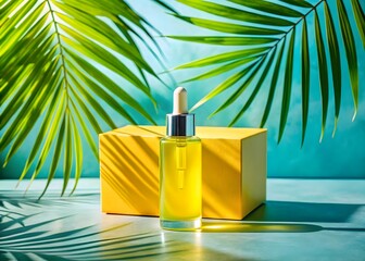 Photo of a bottle of yellow cosmetic serum with a dropper, placed on a geometric stone pedestal, with lush green palm leaves and a bright blue background, suggesting natural beauty and luxury