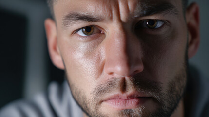 Obraz premium A close-up of a man with a serious expression, under a light that emphasizes the contours of his face. 