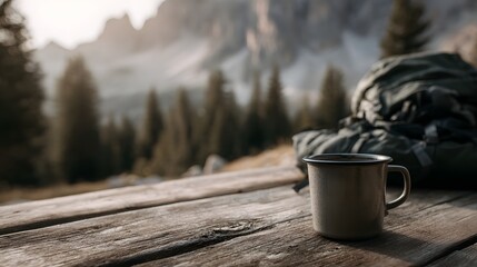 Coffee and hiking gear on a wooden deck in the mountains