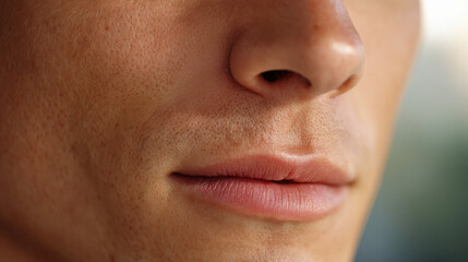 Fototapeta premium A close-up of the mouth, showing fine details of the texture of the lips and tanned skin. 