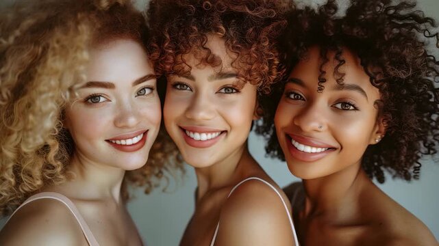 Three diverse women with radiant smiles and curly hair stand side-by-side in this portrait. Their varying skin tones and hair textures highlight natural beauty and unity. 