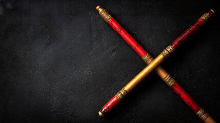 Traditional colorful dandiya sticks crossed on black background, symbolizing Navratri celebration, Indian folk dance, festive garba, and vibrant cultural heritage of Gujarat and Rajasthan

