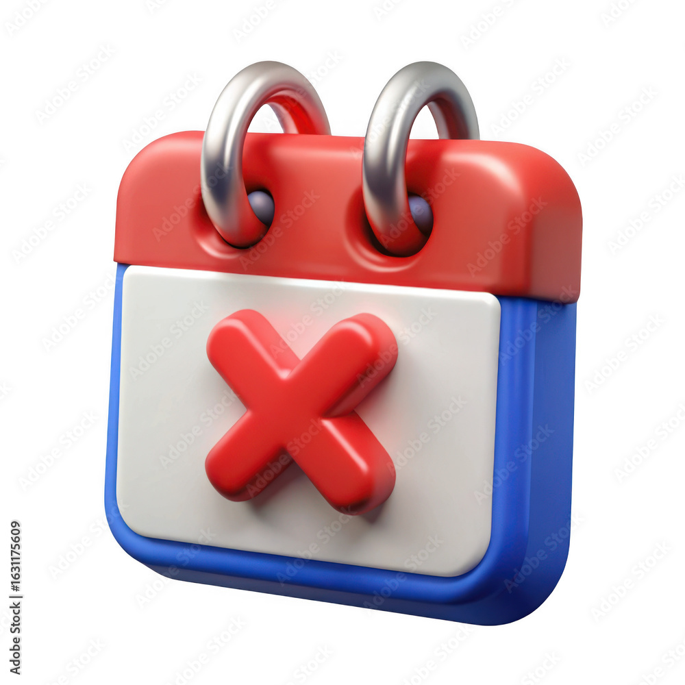 Poster 3d calendar icon with red x isolated on transparent background