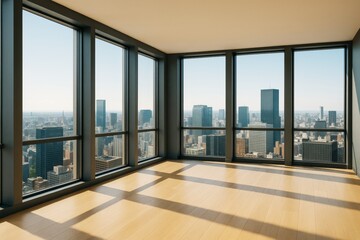 Obraz premium Modern empty high-rise room with large windows overlooking cityscape in bright daylight, minimalistic interior with wooden floor and glass walls.