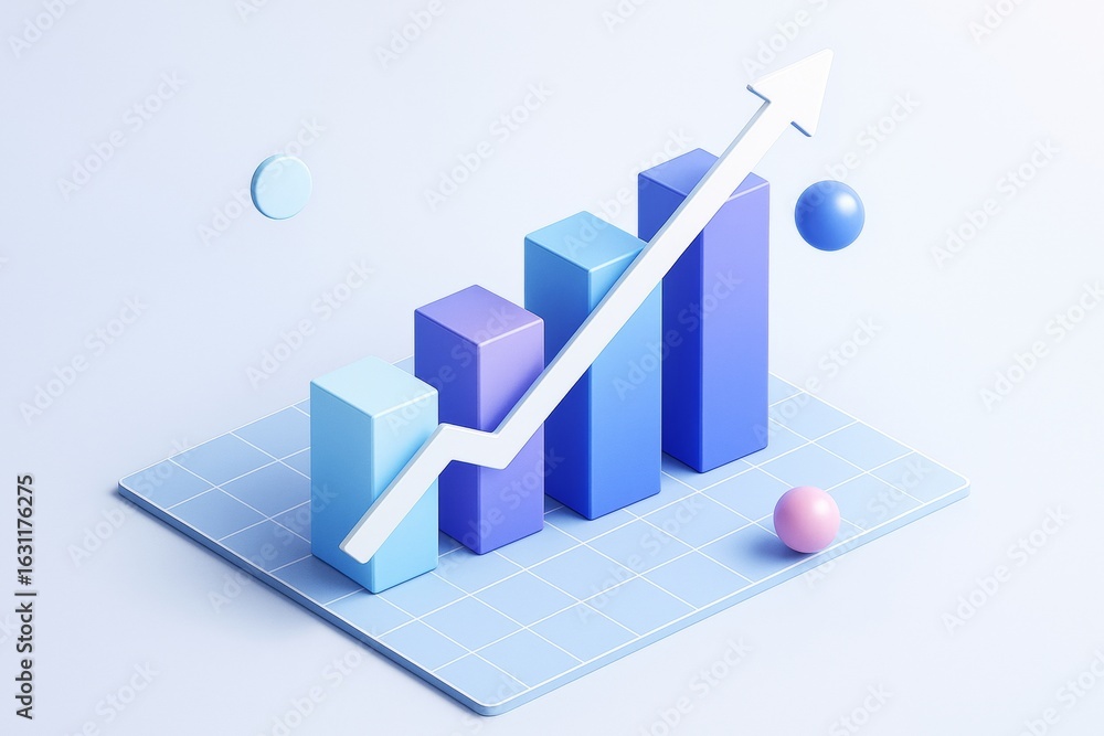 Poster abstract 3d bar chart with upward arrow and floating spheres on light blue grid background showing g