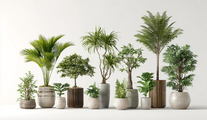 A collection of potted plants and indoor greenery, including ferns, palm trees, mosses, and other vegetation