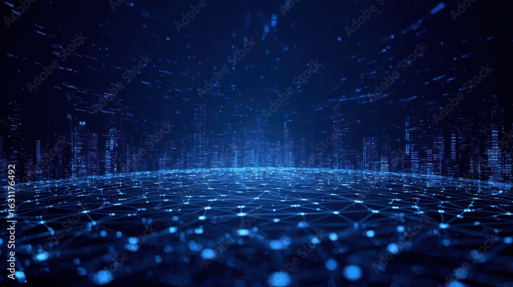 Poster a vast digital landscape features glowing blue lines and nodes, creating a network effect that sugge