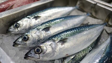 Obraz premium Mackerel are neatly arranged on a tray filled with ice at a bustling fish market. The bright, shiny scales reflect the early morning light, attracting eager customers.
