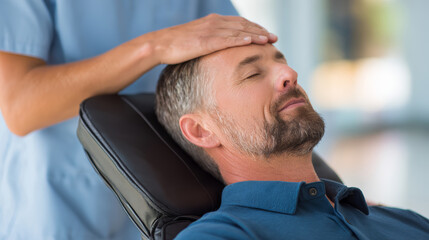 Man receiving head massage from therapist, relaxing with closed eyes in wellness center, calm and peaceful moment