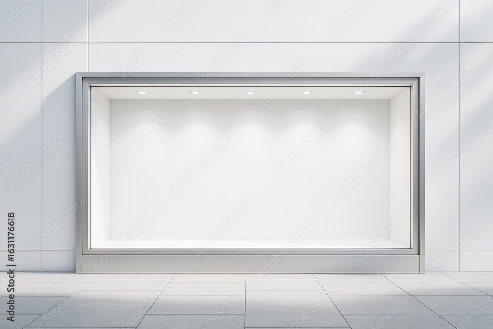 Poster blank modern display window with built-in ceiling spotlights in a clean architectural setting for br