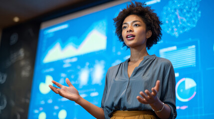 Young woman giving presentation with data charts on screen, expressing confidence and engagement in modern office setting