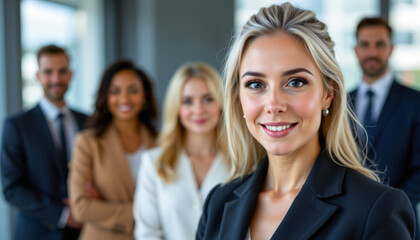 Confident businesswoman with professional team in modern office, smiling and showing leadership in diverse corporate environment