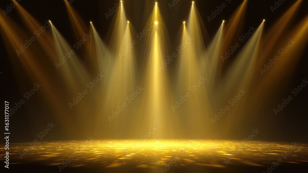 Aufkleber golden beams of light project down onto a polished stage, creating a dynamic atmosphere for an upcom