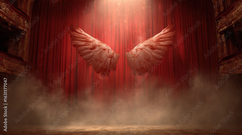 Poster a theater stage is adorned with magnificent red curtains and ethereal wings suspended in the air, cr