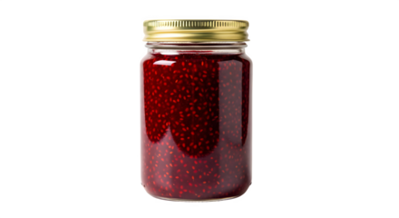 Rich homemade raspberry jam bursting with vibrant fruit, sealed in a classic glass jar with a golden lid, perfect for baking or spreading