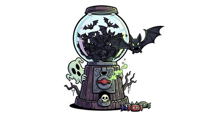 Halloween themed gumball machine filled with bats with a ghost and spiders around it cartoon style