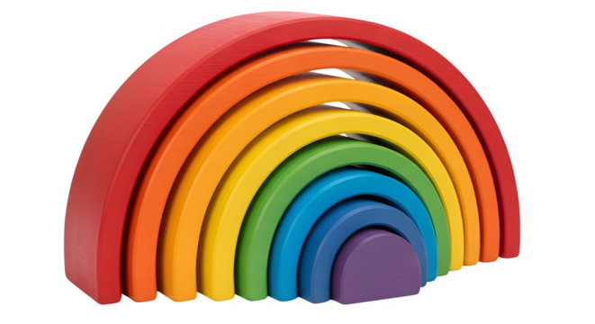 Vibrant wooden rainbow stacker toy showcasing a spectrum of bright, cheerful colors, perfect for childhood development and creative play.