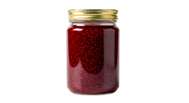 Rich homemade raspberry jam bursting with vibrant fruit, sealed in a classic glass jar with a golden lid, perfect for baking or spreading