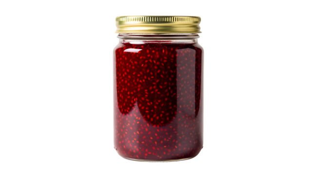 Rich homemade raspberry jam bursting with vibrant fruit, sealed in a classic glass jar with a golden lid, perfect for baking or spreading