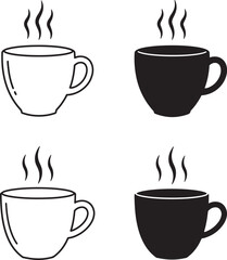 Obraz premium Set of four coffee cups with steam, two black and two white, isolated on white background