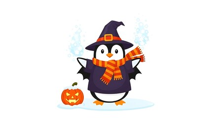 Penguin dressed in a witch costume with a pumpkin on a white background for halloween celebration