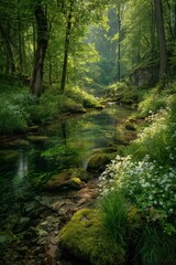 Obraz premium Tranquil Forest Stream: Mossy Rocks, Lush Greenery, and Sunlight Filtering Through Trees.