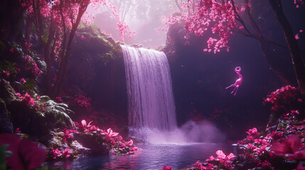 Fantasy Waterfall Hidden in a Lush Pink Forest with Magical Creatures and Dreamlike Light. 