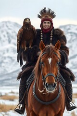 Portrait of a Kazakh Eagle Hunter with her Golden Eagle on Horseback