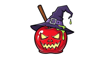 A halloween candy apple with a scary face and a witch hat on a stick isolated on a white background
