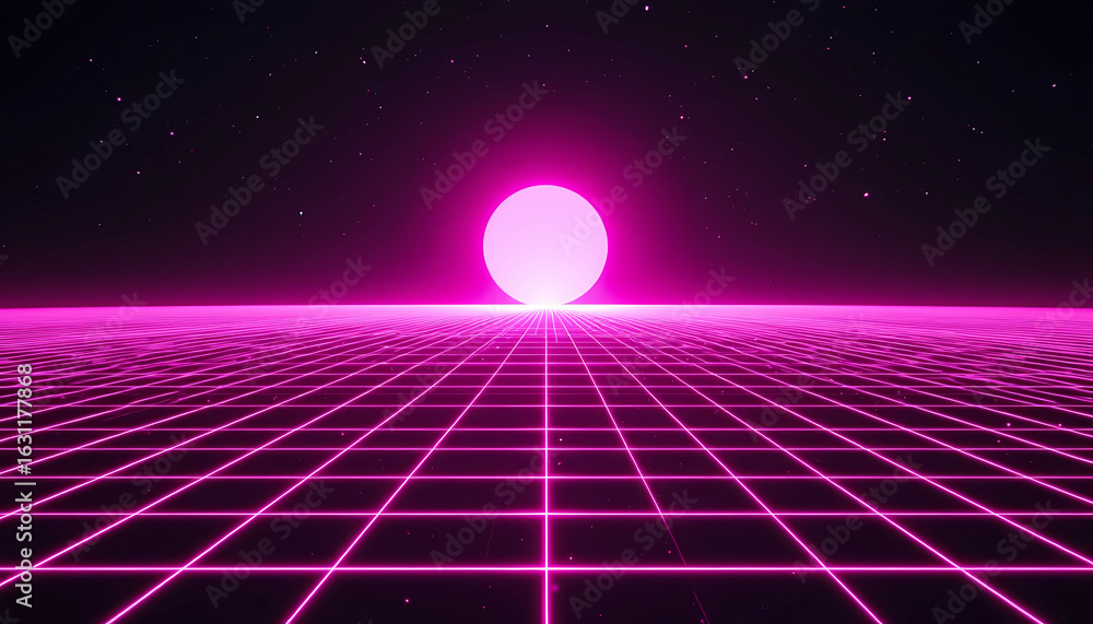 Poster a glowing pink grid with a bright orb in a dark starry space creating a retro aesthetic scene
