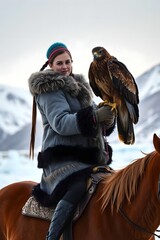 Portrait of a Kazakh Eagle Hunter with her Golden Eagle on Horseback