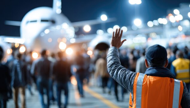 Airport scene; worker waves to crowd, plane visible