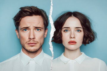 Torn Portrait of a Couple Symbolizing Separation or Divorce. AI generative.