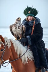 Portrait of a Kazakh Eagle Hunter with her Golden Eagle on Horseback
