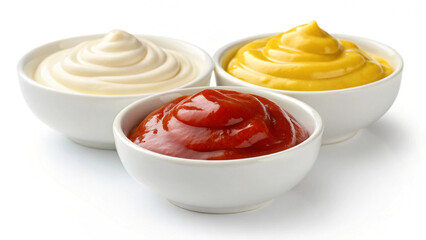 Ketchup mayonnaise and mustard in white bowls isolated on white background – food condiment JPG image