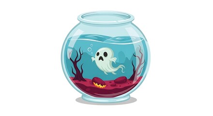 A cartoon ghost floats in a fishbowl filled with water and decorations on a white background isolated