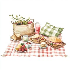 Watercolor picnic spread on a checkered cloth