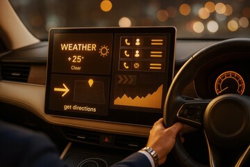 Smart car dashboard displaying weather, navigation, and communication interface in warm lighting, viewed from drivers perspective at night background.